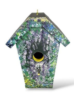 Unique Hand-Painted Floral Wooden Birdhouse - Multi-Color Green & Purple NWT